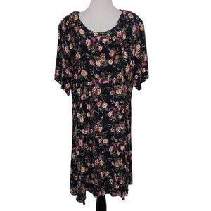 Vintage Katy D Floral Dress Womens Size 20 Black Cottagecore Grunge Short Sleeve